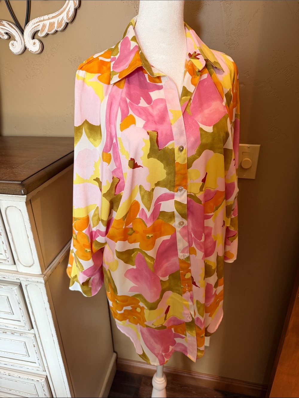 Women's Floral Button-Down Shirt in Pink, Olive & Yellow